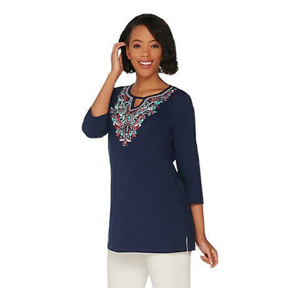 Denim & Co Knit Tunic Top XXS Blue Keyhole Embroidered 3/4 Sleeve NWOT